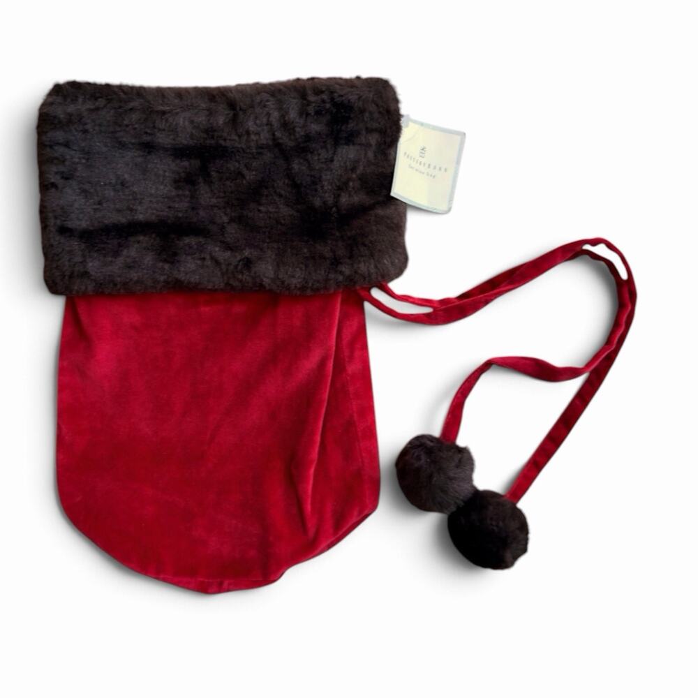 Pottery Barn Faux Fur Velvet Wine Bottle Bag Red Brown Gift Wrap Holiday NWT
